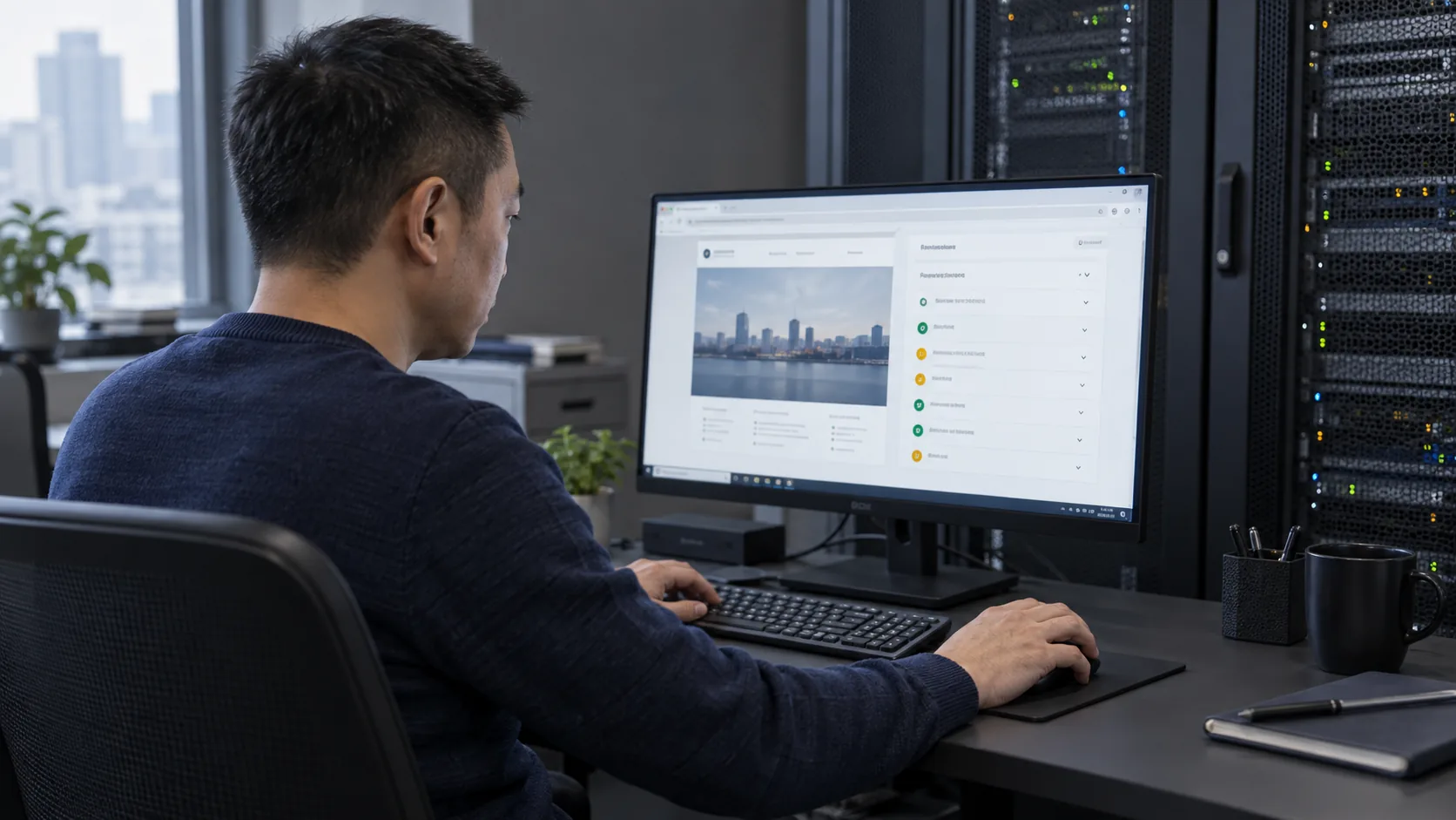 Un técnico revisa una web y una lista de comprobaciones de seguridad en un monitor, junto a un armario de servidores.
