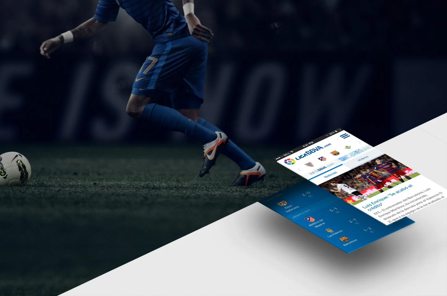 Diseño de la plataforma Liga BBVA con resultados de fútbol en móvil