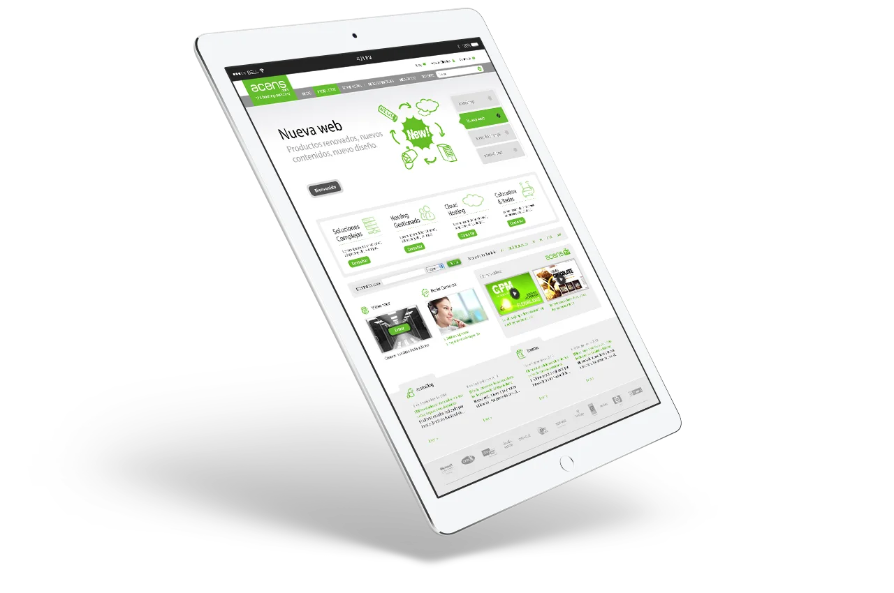 Tablet en perspectiva con la portada de la nueva web de acens y su menú de productos