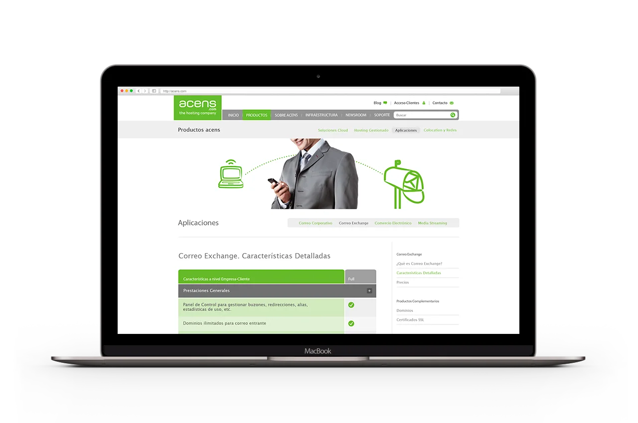 Portátil mostrando la sección de aplicaciones y correo Exchange de la web de acens