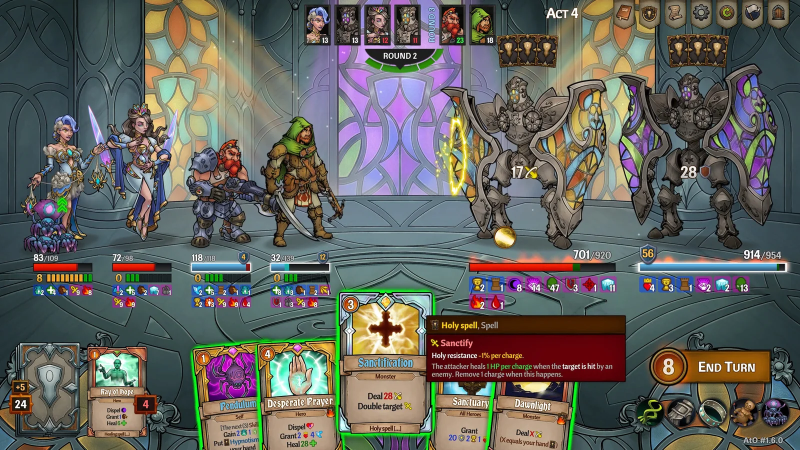 Combate por turnos con la mano de cartas y el detalle de un hechizo