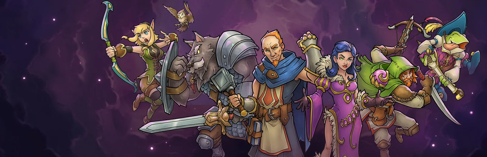 Ilustración del grupo de héroes de Across the Obelisk sobre fondo morado