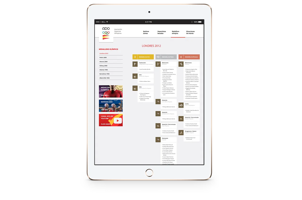 Web de ADO en iPad mostrando el medallero olímpico