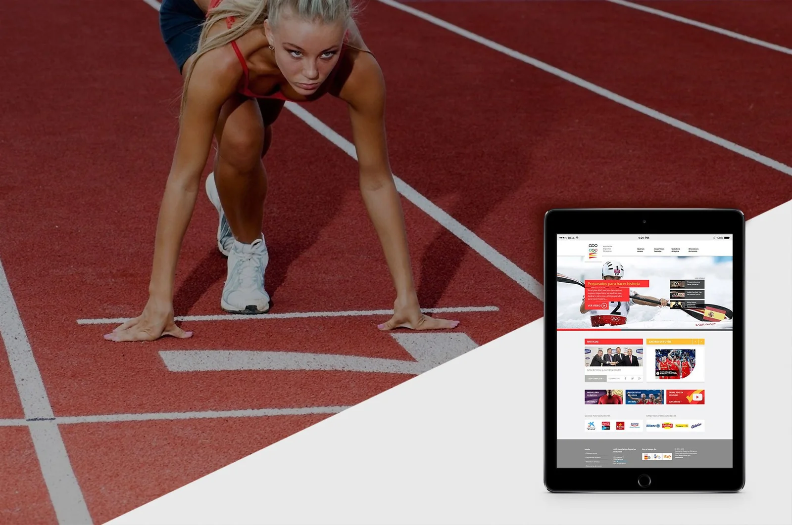 Atleta en salida de tartán y iPad con la web de ADO