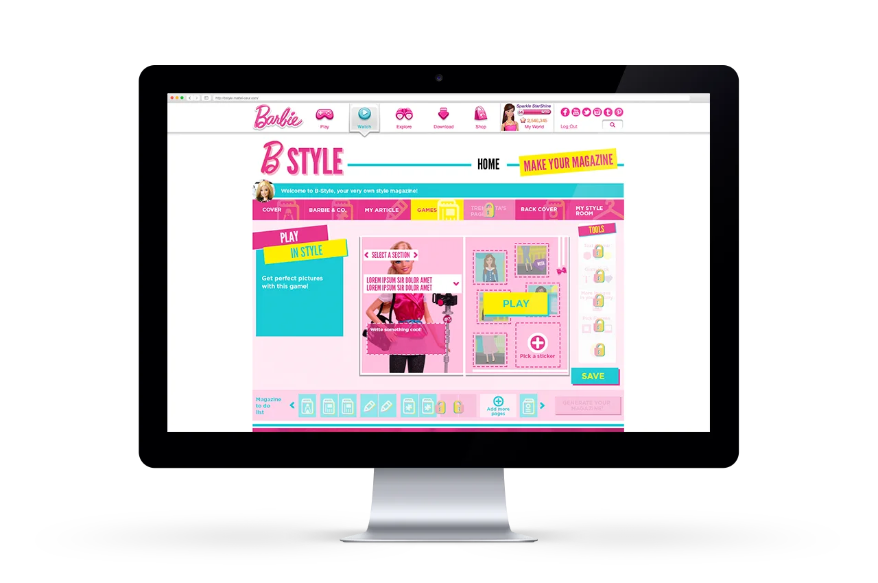 Pantalla de escritorio con el editor de revista B Style, sección de juegos para personalizar páginas
