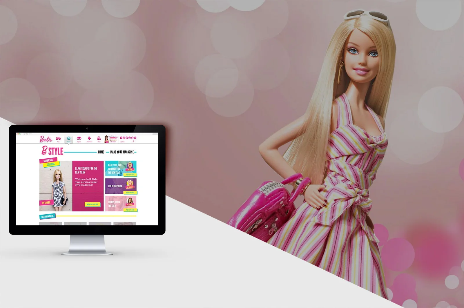 Una muñeca junto a un iMac con la web B Style de Barbie