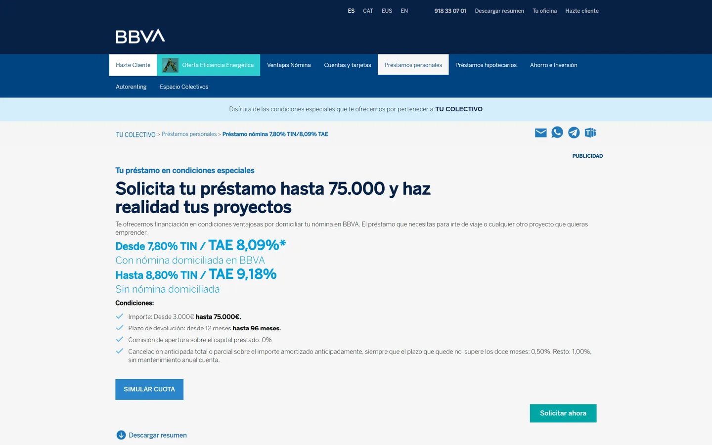 Ficha de préstamo nómina con condiciones destacadas, simulador de cuota y botón de solicitud