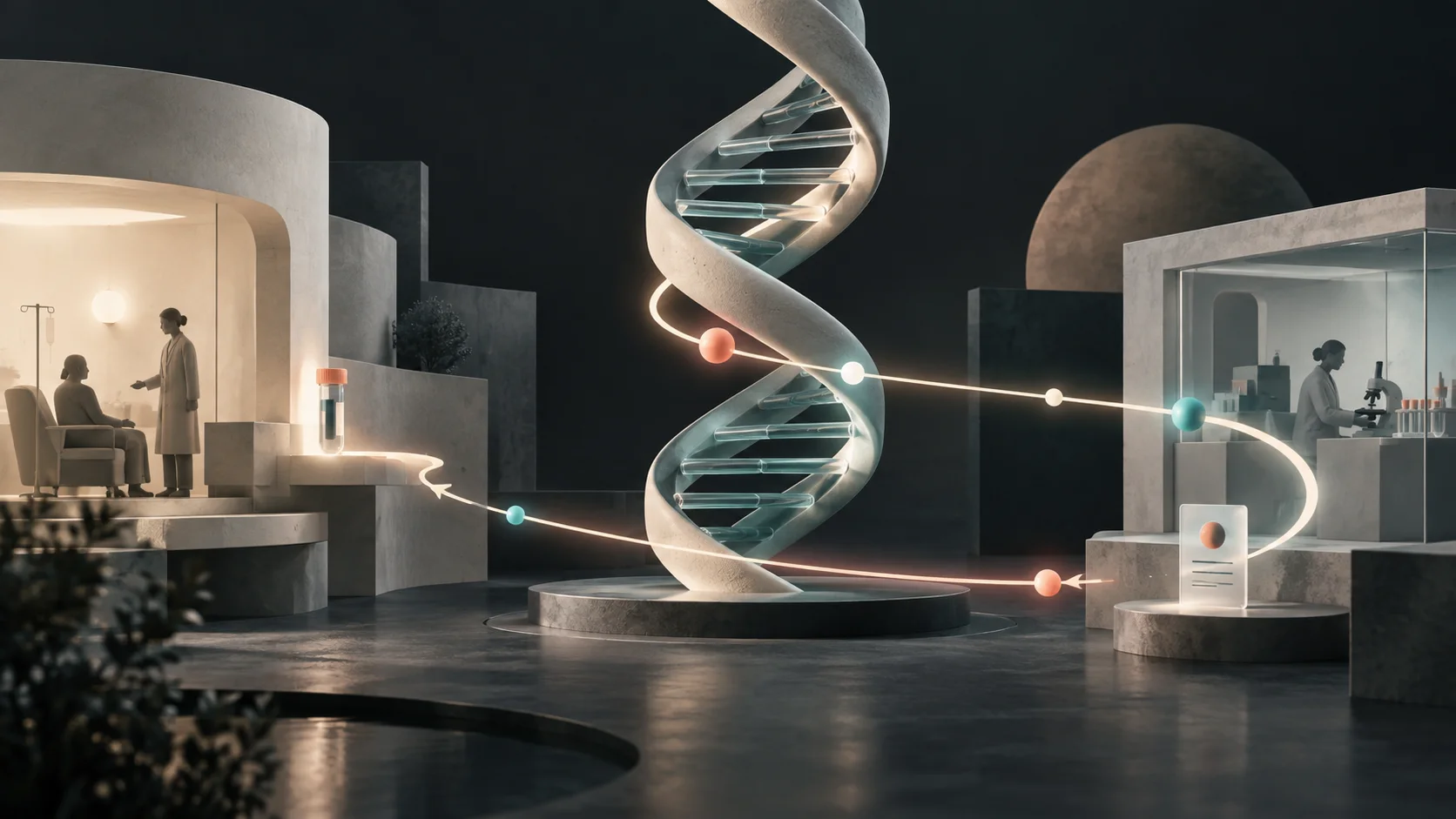 Ilustración conceptual de una muestra genética que viaja del hospital al laboratorio y de un resultado que regresa por un canal trazable