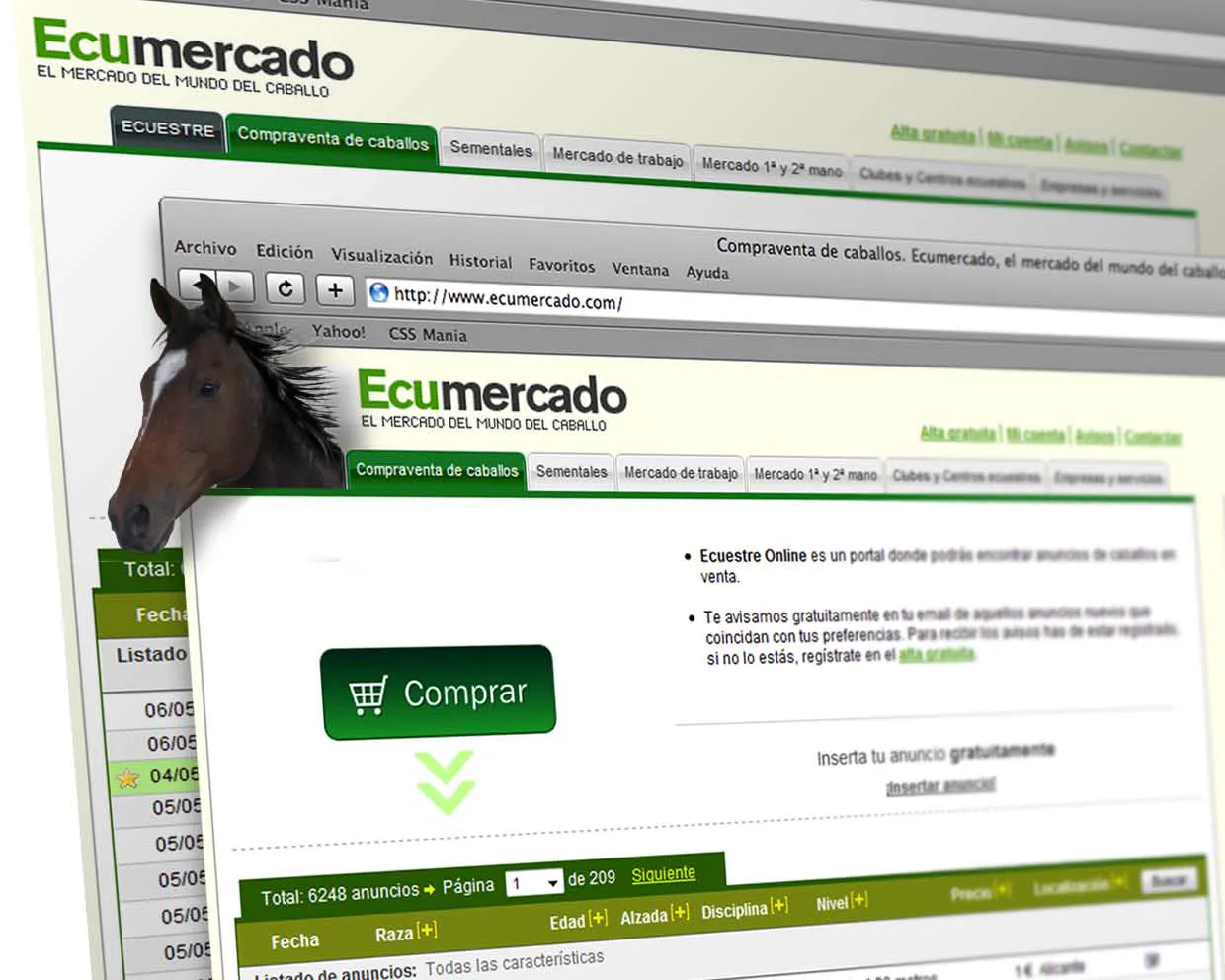 Composición de Ecumercado con el listado de compraventa de caballos