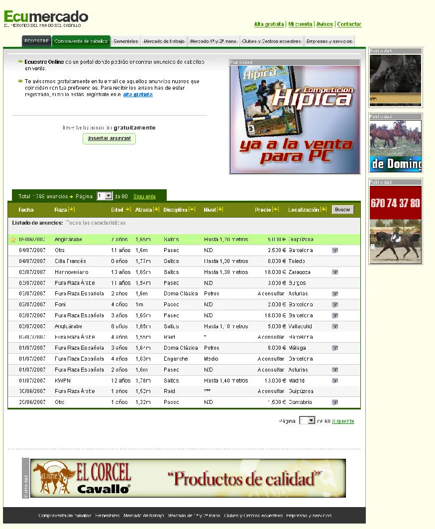 Portada de Ecumercado con anuncios destacados y listado por raza, edad y precio