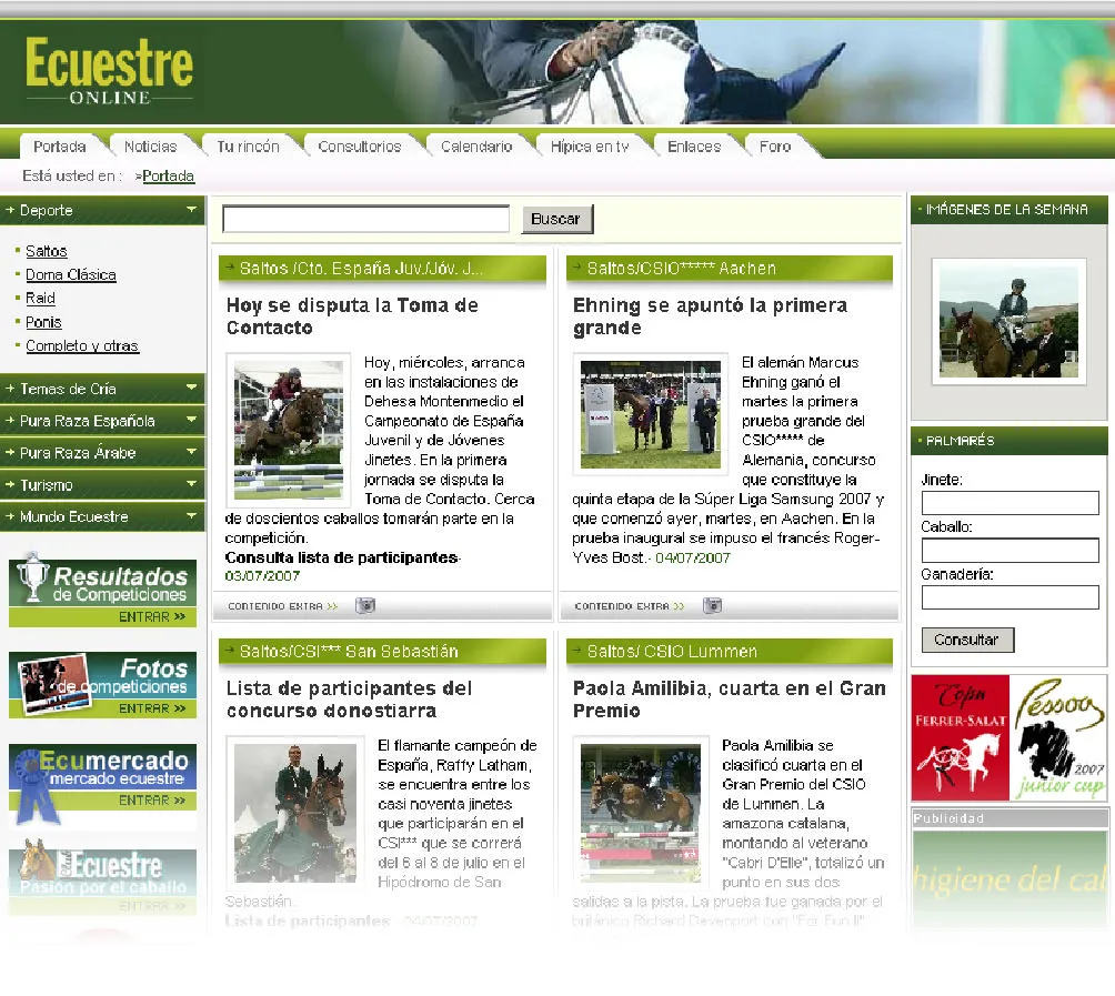 Portada de Ecuestre Online con noticias de competición, resultados y accesos a Ecumercado