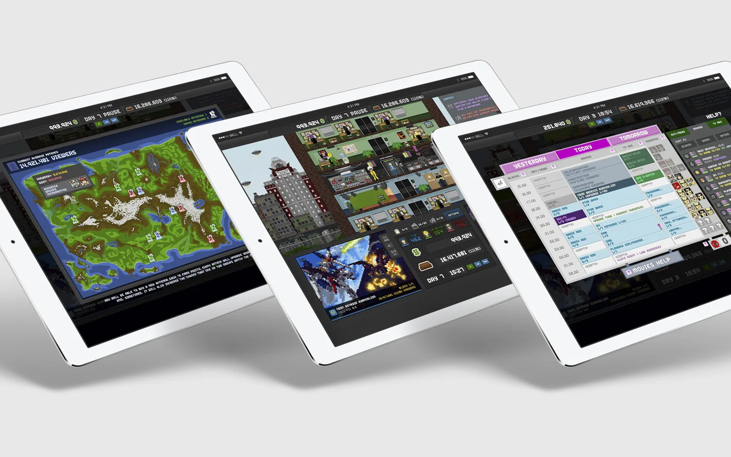 Tres iPads con Empire TV Tycoon: mapa de cobertura, edificio de la cadena y parrilla de programación
