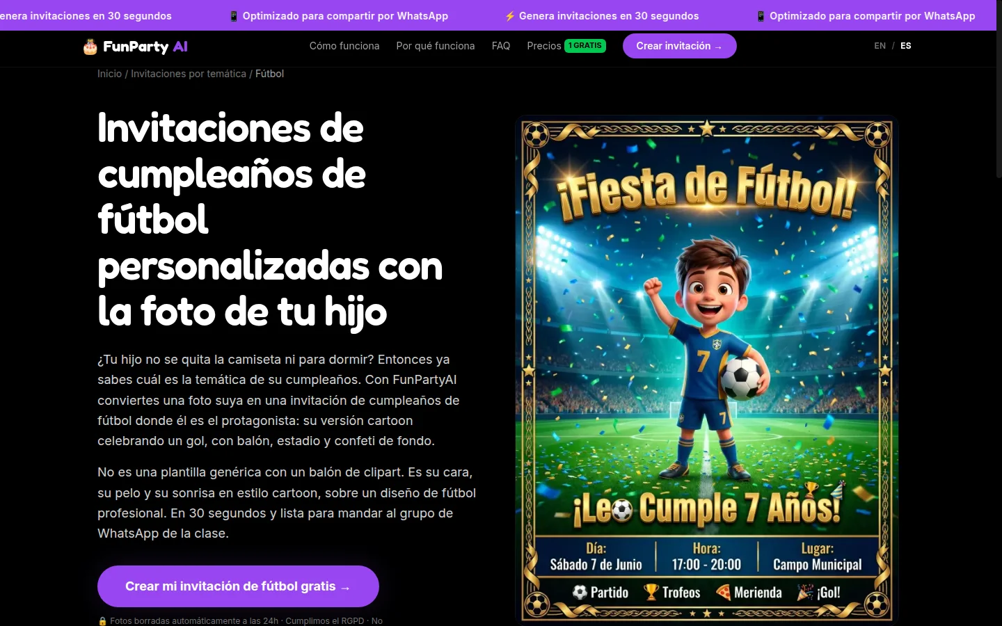 Página de invitaciones de fútbol con un ejemplo generado a partir de la foto del niño