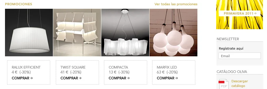Bloque de promociones de la tienda con cuatro lámparas, su precio, el descuento y el botón de compra