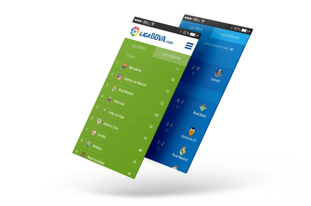 Dos móviles mostrando la clasificación de la liga y los resultados de la jornada en la app