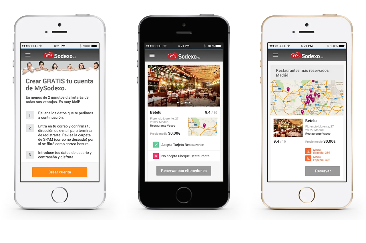 Tres pantallas de móvil mostrando el registro de cuenta, la ficha de un restaurante y el mapa de restaurantes más reservados en la app MySodexo
