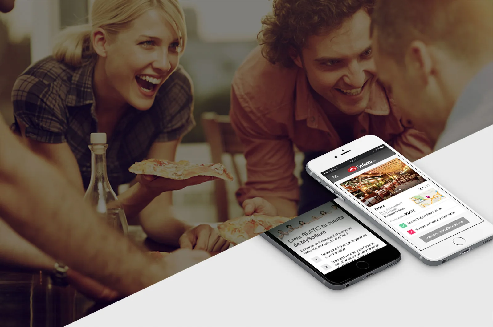 Grupo de amigos comiendo y pantallas de la app MySodexo mostrando una ficha de restaurante