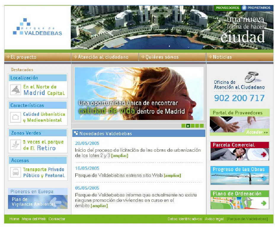 Home de la web del Parque de Valdebebas con novedades, atención al ciudadano y accesos a progreso de obras y plano de ordenación