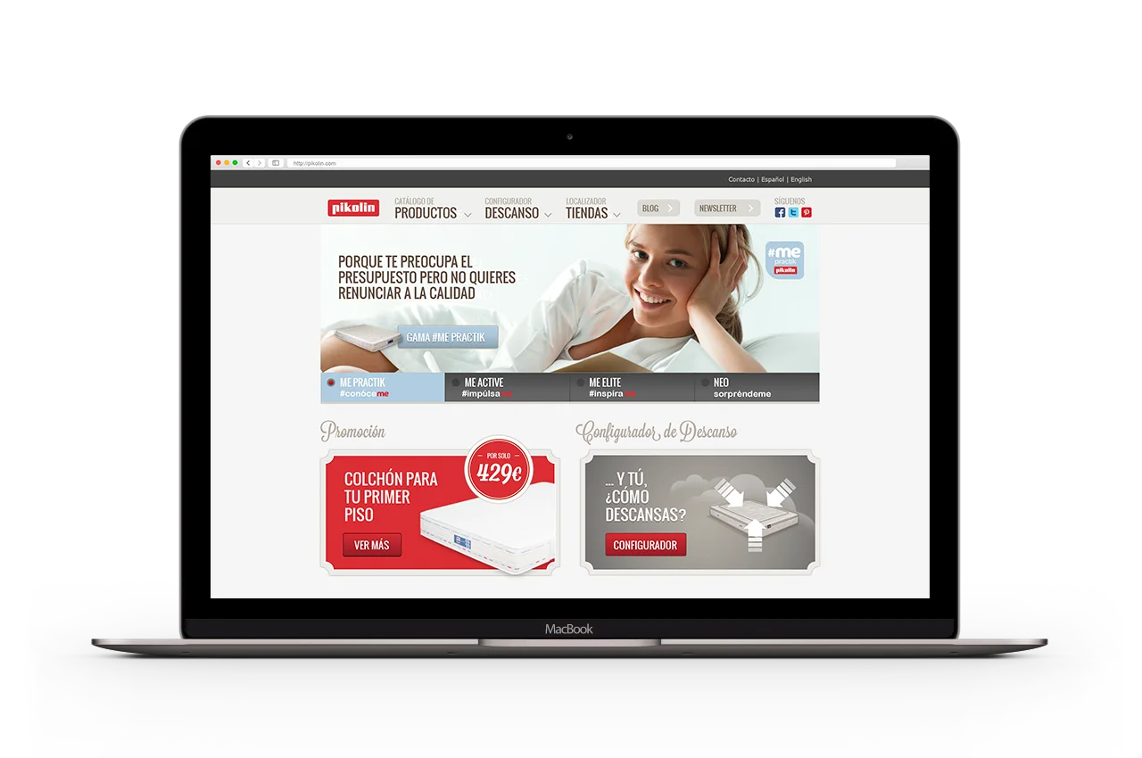 Portátil mostrando la home de Pikolin con menú de productos y promociones