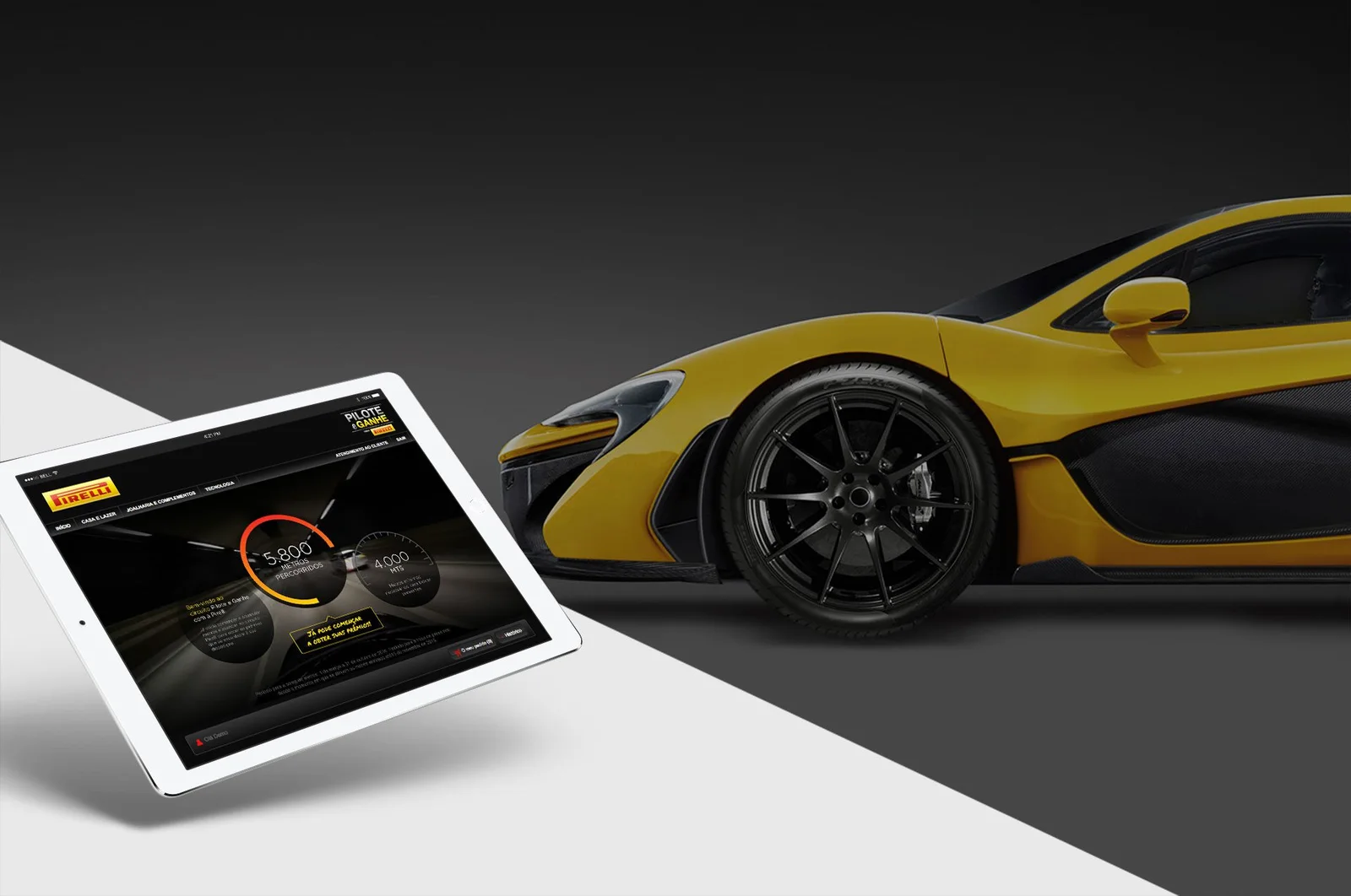 iPad con la app del circuito Pilote e Ganhe junto a un McLaren amarillo