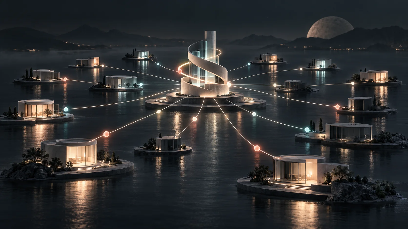 Ilustración conceptual de un núcleo digital conectado a mercados independientes sobre un paisaje nocturno