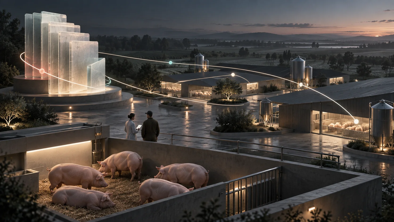 Ilustración conceptual de una granja porcina conectada a un archivo de información técnica para veterinarios y ganaderos