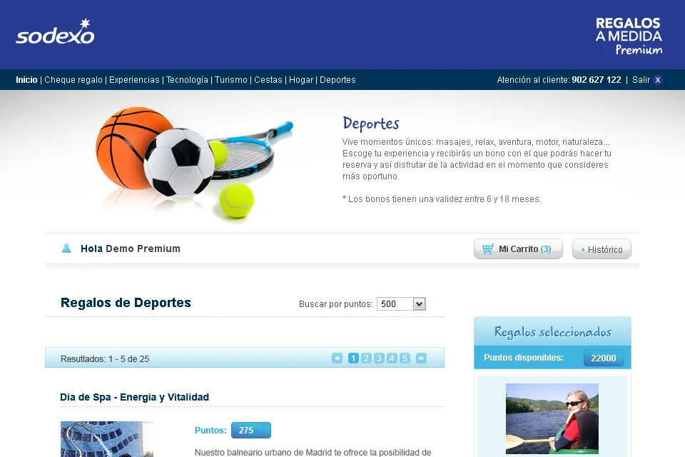 Catálogo de Regalos a Medida Premium con productos por categoría, puntos de canje y carrito
