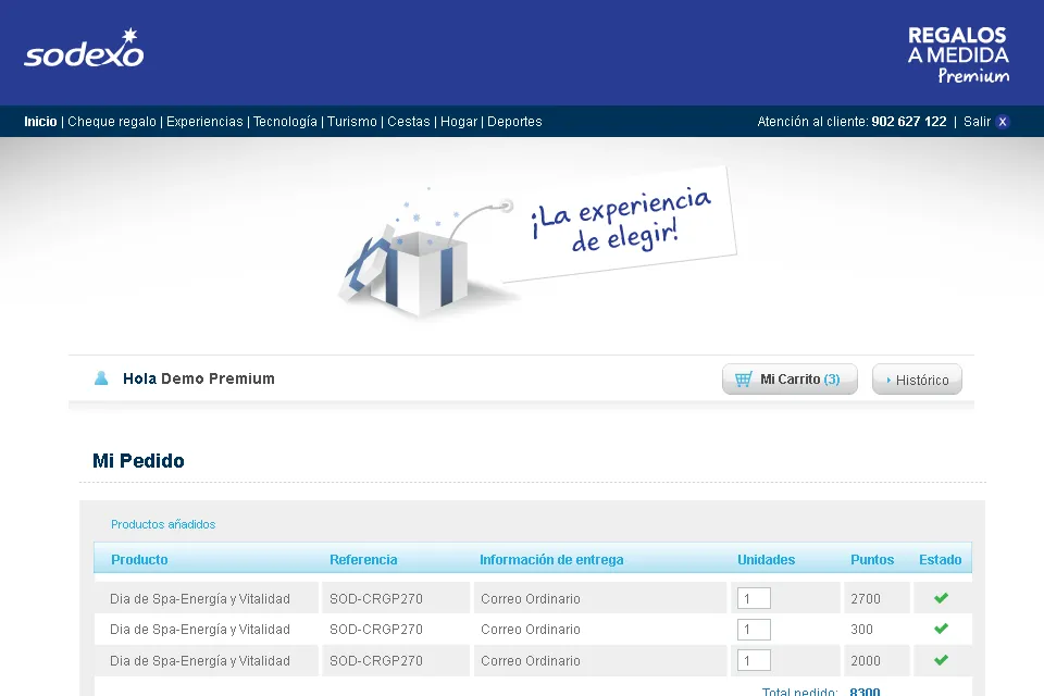 Pantalla de pedido con los regalos seleccionados, los puntos de cada uno y los datos de entrega