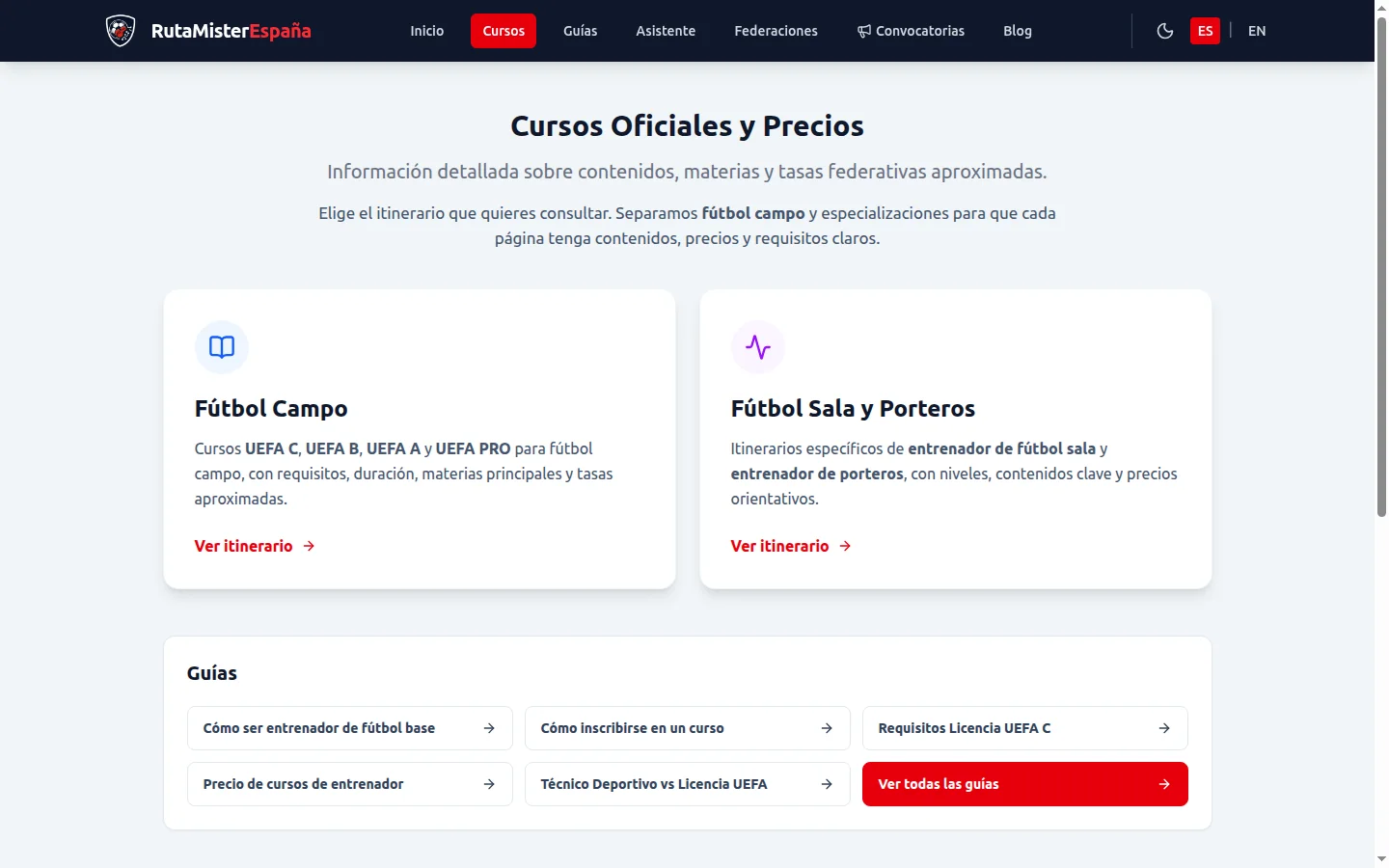 Página de cursos oficiales con los itinerarios de fútbol campo y fútbol sala y las guías