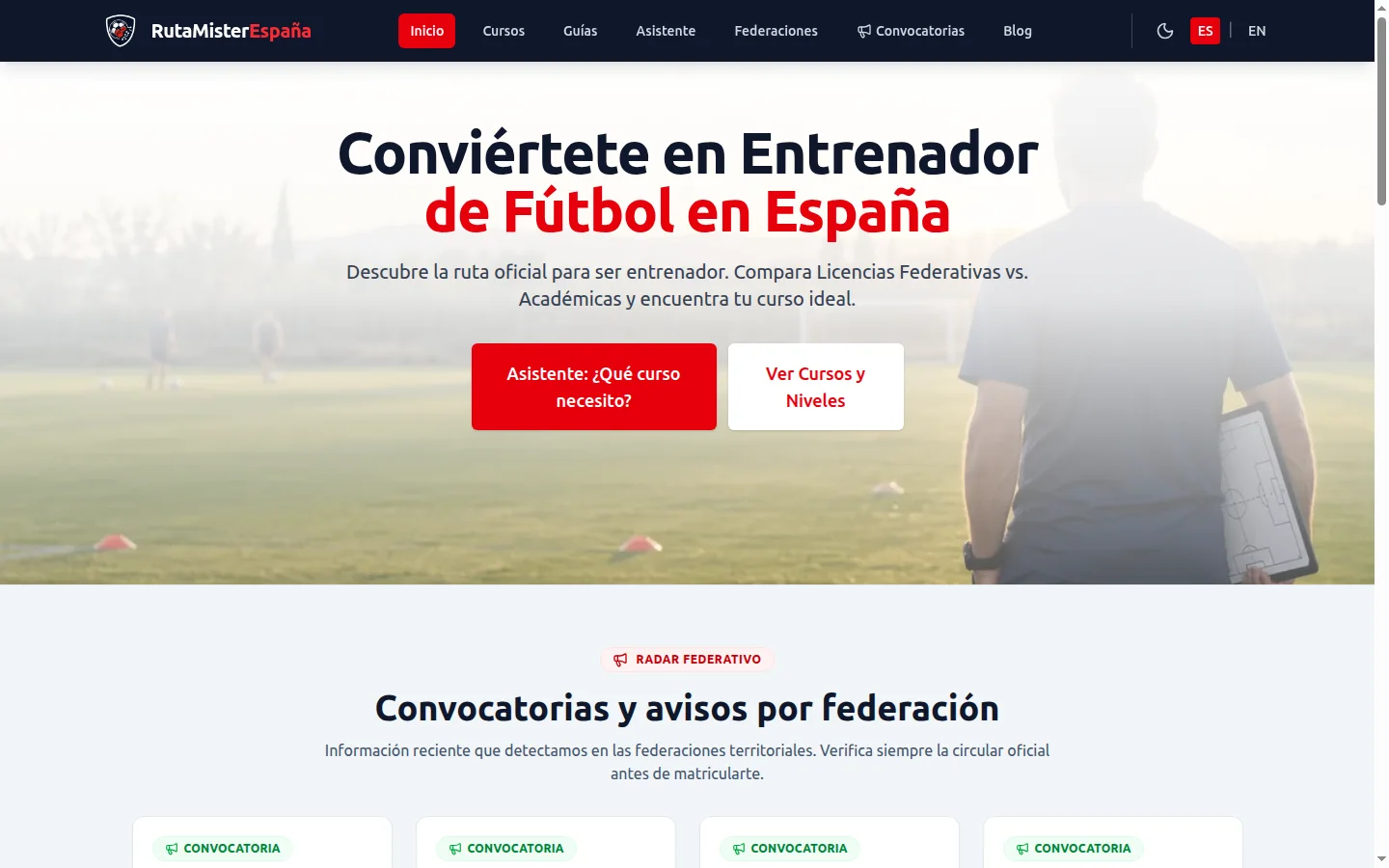 Portada de RutaMister: cómo convertirse en entrenador de fútbol en España, con acceso al asistente y a los cursos