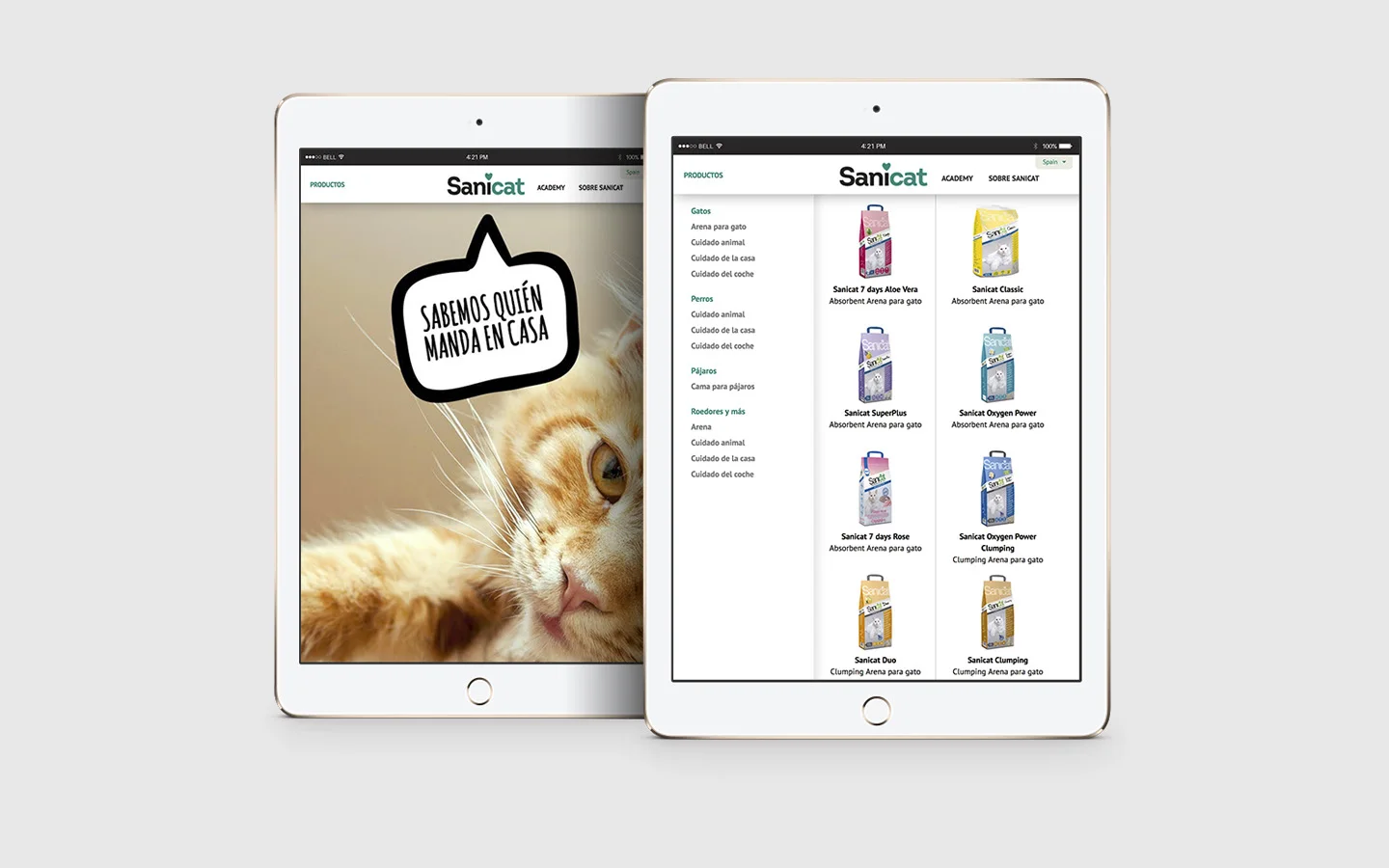 Dos iPads con la web de Sanicat: el mensaje de marca sobre la foto de un gato y el catálogo de productos por especie