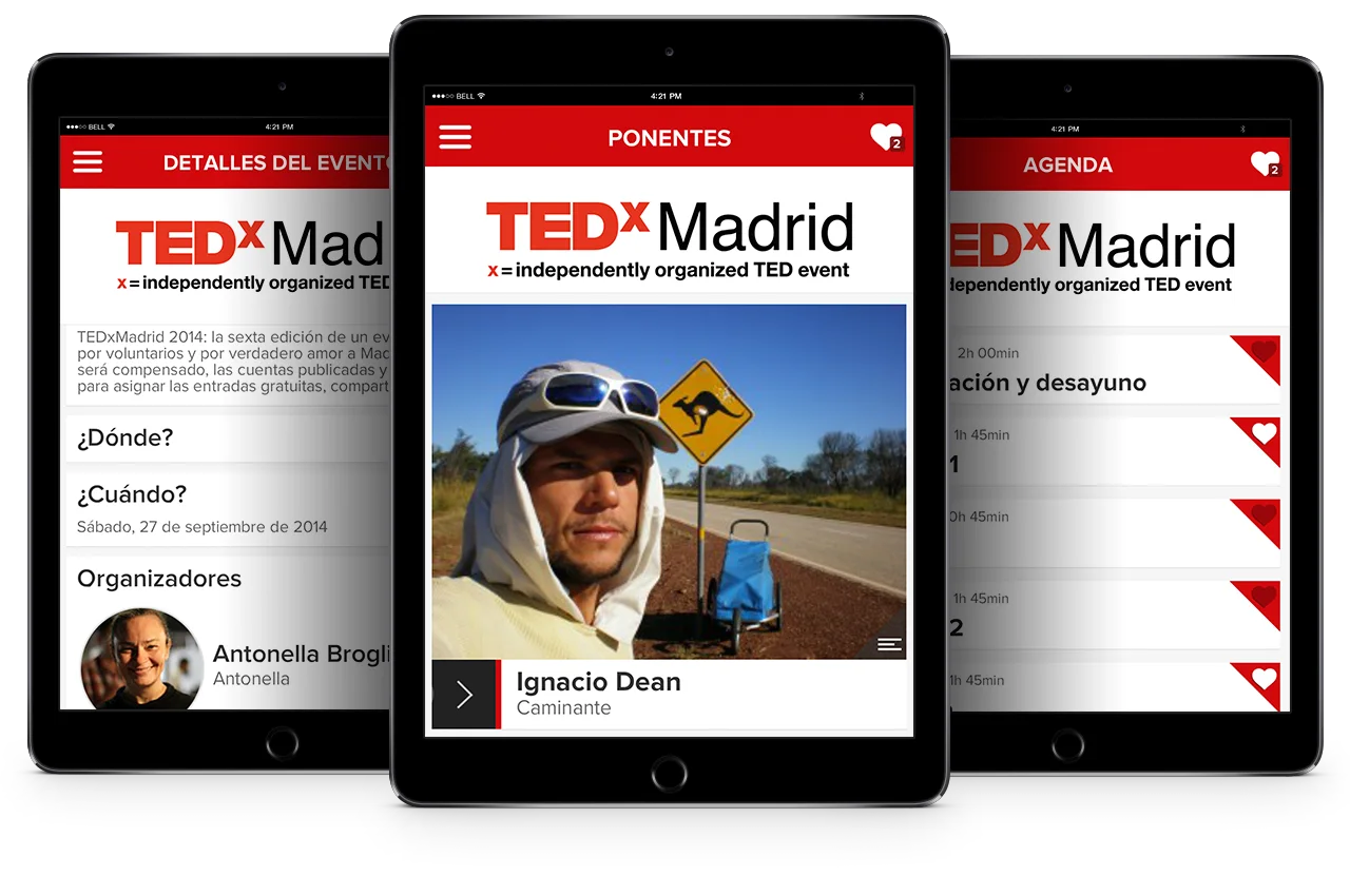Tres tablets mostrando pantallas de detalles del evento, ponentes y agenda de la app TEDxMadrid