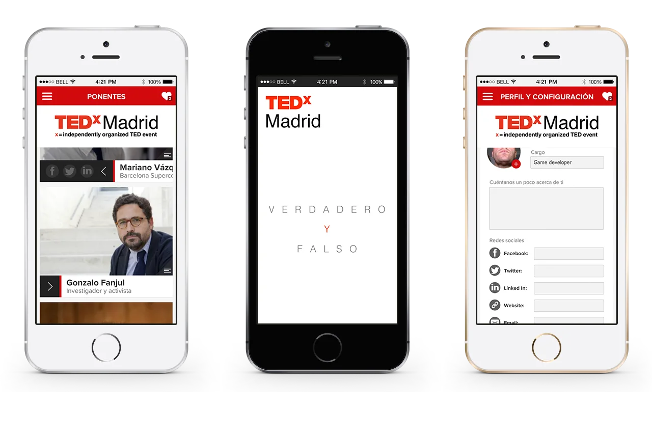 Tres móviles con pantallas de ponentes, portada y perfil de usuario de la app TEDxMadrid