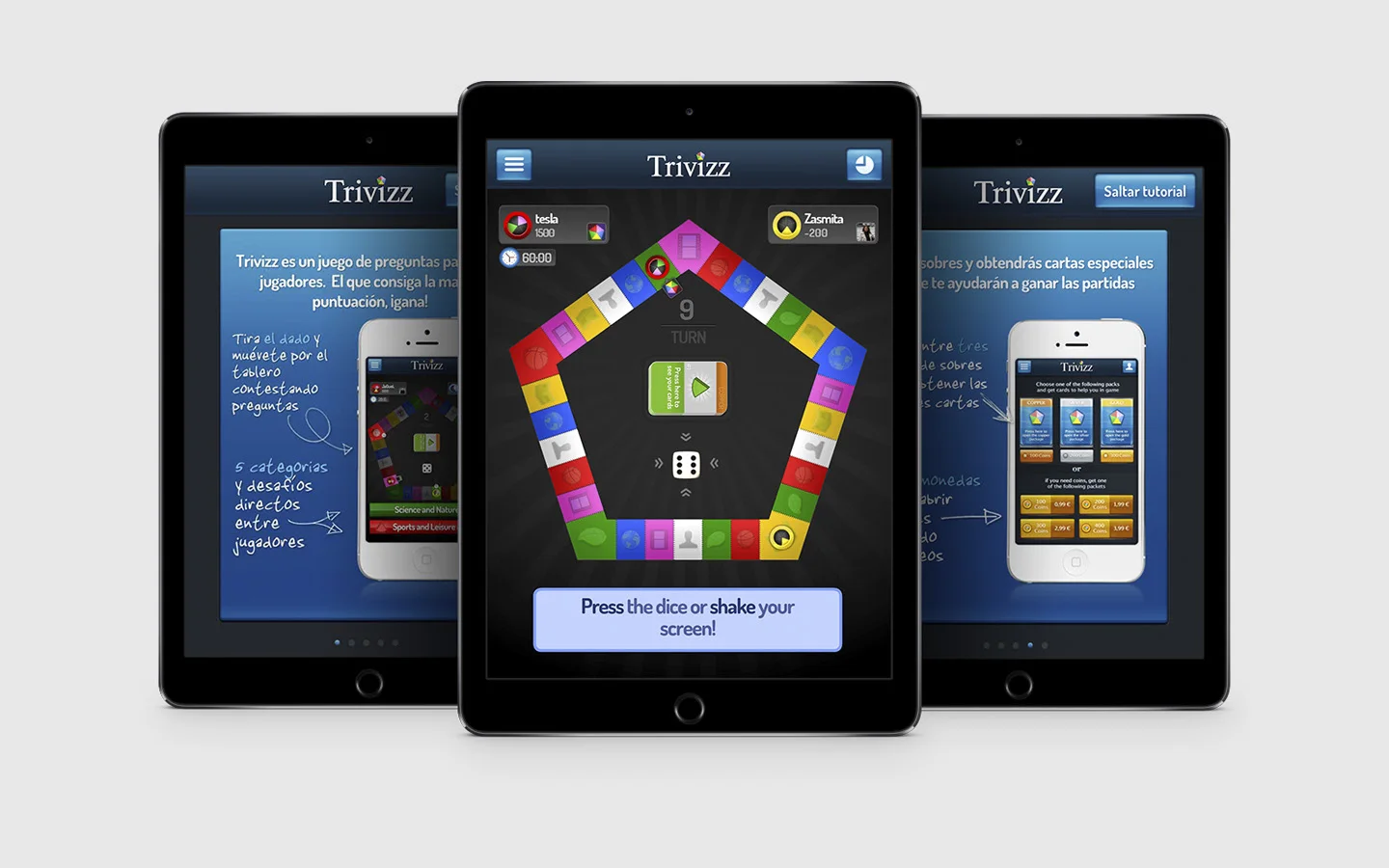 Tres iPads con Trivizz: el tablero pentagonal de juego en el centro y las pantallas del tutorial a los lados