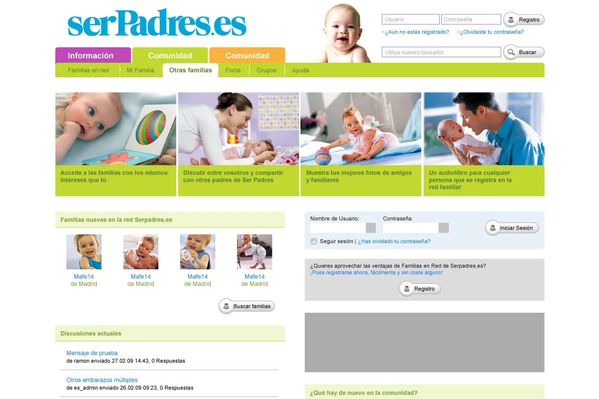 Home de la comunidad de Ser Padres con grupos, foros y perfiles de usuarias