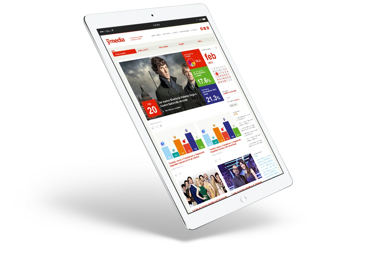 Tablet mostrando portada del canal ymedia con noticia destacada y gráficos